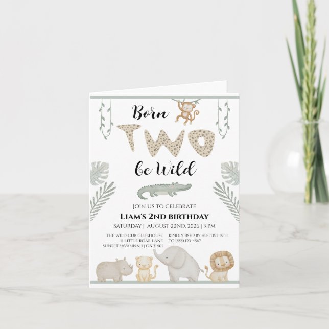 Invitación Cumpleaños 2 Born Two Be Wild Jungle Safari (Anverso)