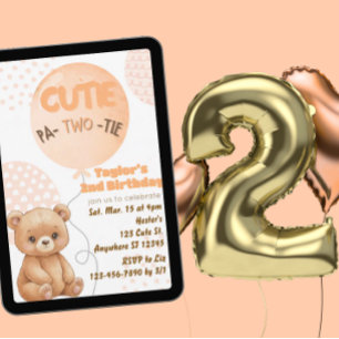 Invitación Cumpleaños 2 Cutie Pa-TWO-tie Peach Bear Globos