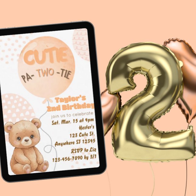 Invitación Cumpleaños 2 Cutie Pa-TWO-tie Peach Bear Globos (Subido por el creador)