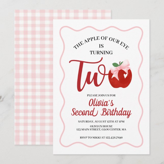 Invitación Cumpleaños 2 de Apple Pink Bow preppy Coquette (Anverso / Reverso)