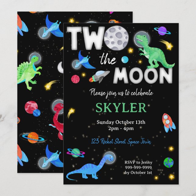 Invitación Cumpleaños 2 de Dinosaurio Astronauta Dos a la Lun (Anverso / Reverso)