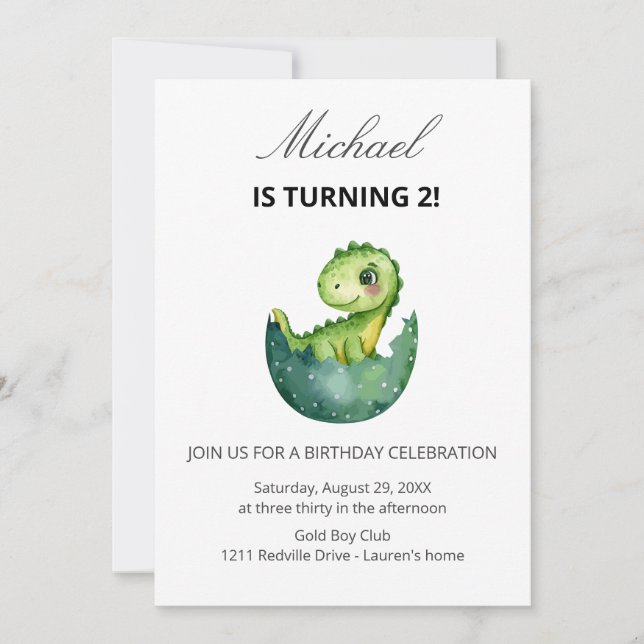 Invitación Cumpleaños 2 de Dinosaurio Verde Adorable  (Anverso)