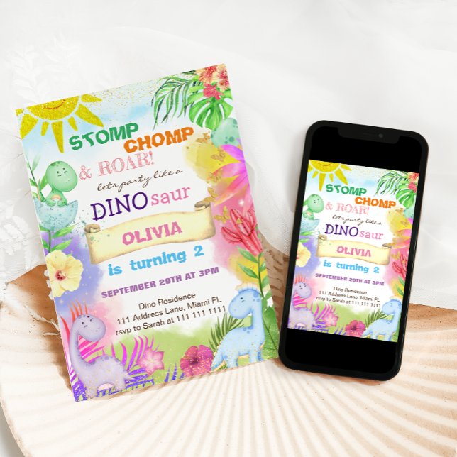 Invitación Cumpleaños 2 de Dinosaurs Floral Glitter Girl  (Subido por el creador)