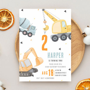 Invitación Cumpleaños 2 de excavadoras y volquetes