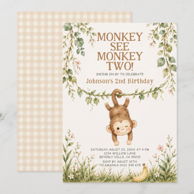 Invitación Cumpleaños 2 de Jungle Monkey See Monkey Two Niño (Anverso / Reverso)
