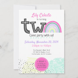 Invitación Cumpleaños 2 de la Bebé Arcoíris Kawaii Doodle Fot