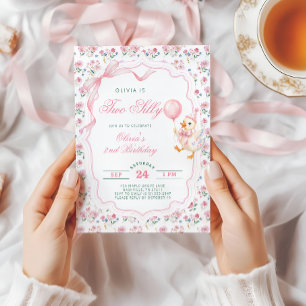 Invitación Cumpleaños 2 de niña con gansos tontos y flores ro