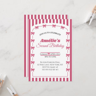 Invitación Cumpleaños 2 de niña con lazo Coquette rosa Vintag