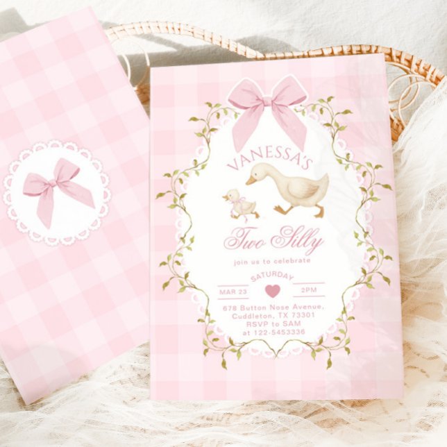 Invitación Cumpleaños 2 de niña con lazo rosa Two Silly Goose (Subido por el creador)
