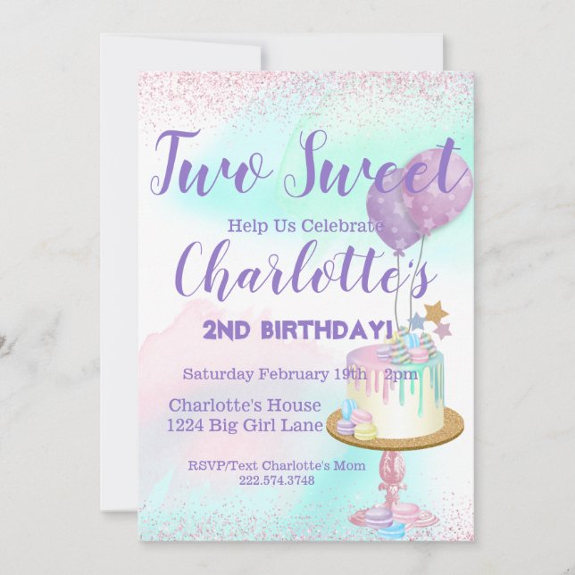 Invitación Cumpleaños 2 de Niña Dulce Acuarela Pastel (Anverso)