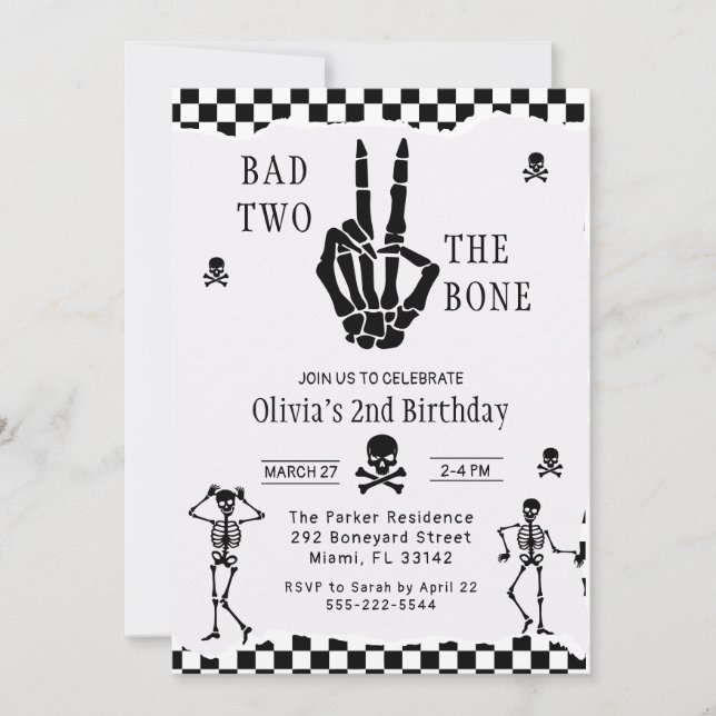Invitación Cumpleaños 2 de Skull Skeleton Bad to the Bone  (Anverso)