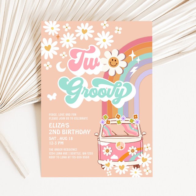 Invitación Cumpleaños 2 de Two Groovy Pink Daisy Rainbow Van (Subido por el creador)