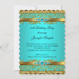 Invitación Cumpleaños 2 Diamante Damask Oro Azul Verde Elegan