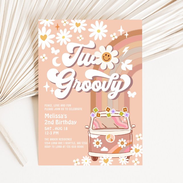 Invitación Cumpleaños 2 Groovy Beige Mauve Daisy (Subido por el creador)