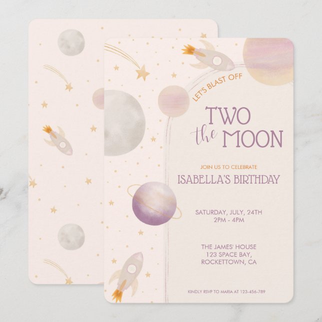 Invitación Cumpleaños 2 Luna Rosa Planetas Estrellas 2do Cump (Anverso / Reverso)
