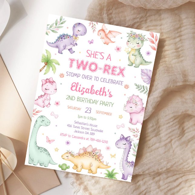Invitación Cumpleaños 2 Pastel Dinosaurio Dos Rex Niña (Subido por el creador)