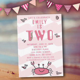 Invitación Cumpleaños 2 Pink Crab Animales Marinos Niña 