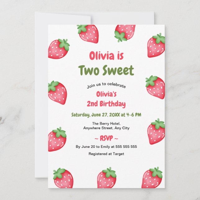 Invitación Cumpleaños 2 Pink & Red Strawberry Two Sweet   (Anverso)