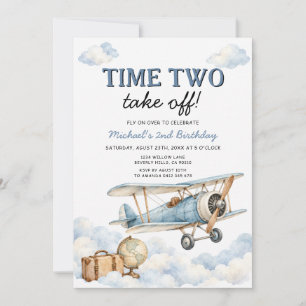 Invitación Cumpleaños 2 Time Two Take Off Avión Vintage