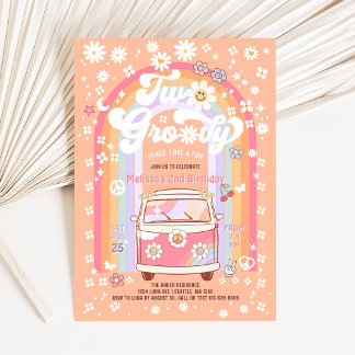 Invitación Cumpleaños 2 TWO Groovy Furgoneta Daisy Hippie 70s