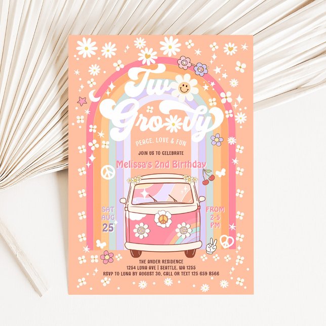 Invitación Cumpleaños 2 TWO Groovy Furgoneta Daisy Hippie 70s (Subido por el creador)