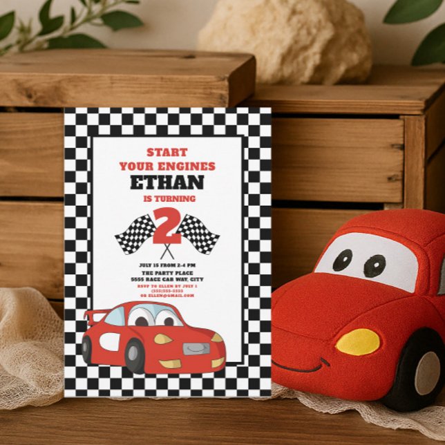 Invitación Cumpleaños 2do del Niño con Auto de Carreras Rojo (Red race car little boy's 2nd birthday party invitation)