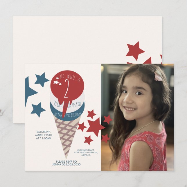 Invitación Cumpleaños 2do Helado Estrellas Foto 4 de Julio (Anverso / Reverso)