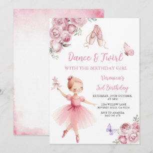 Invitación Cumpleaños 3º Baile y Pirueta de Bailarina de Rosa