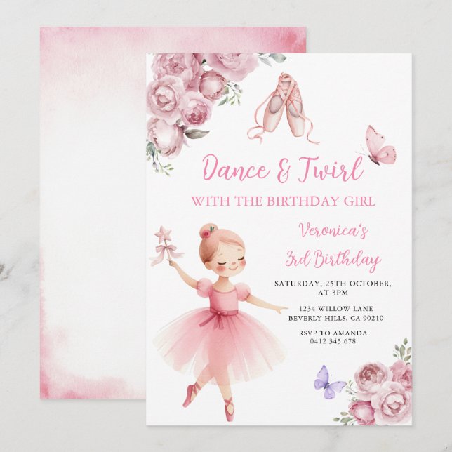 Invitación Cumpleaños 3º Baile y Pirueta de Bailarina de Rosa (Anverso / Reverso)