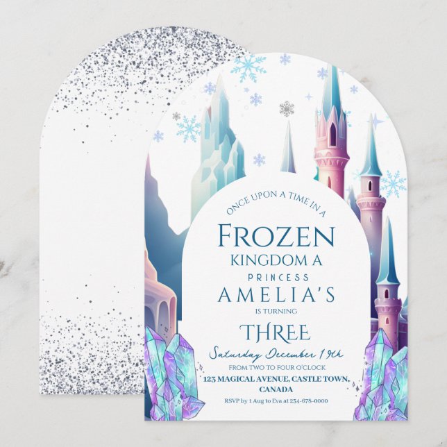 Invitación Cumpleaños 3º Cartoon Frozen Castle (Anverso / Reverso)