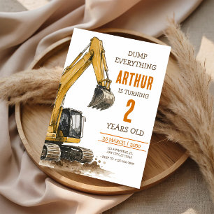 Invitación Cumpleaños 3º Excavadora Camión de Volquete Constr