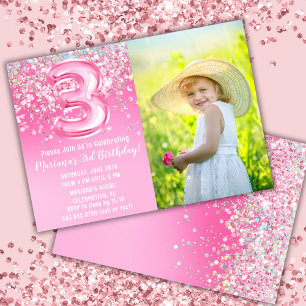 Invitación Cumpleaños 3º Foto Brillo Rosa