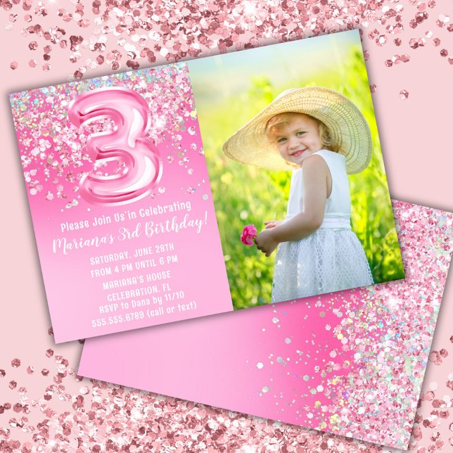 Invitación Cumpleaños 3º Foto Brillo Rosa (Subido por el creador)