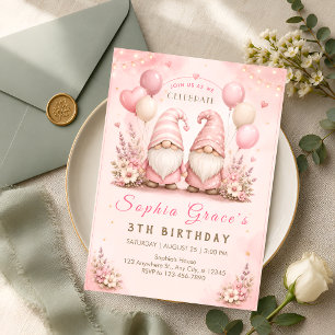 Invitación Cumpleaños 3º Gnomo Rosa Caprichoso
