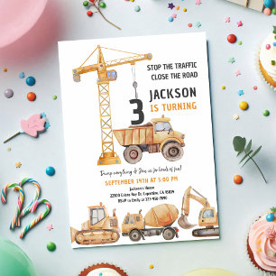 Invitación Cumpleaños 3º Grúa Camión de Volquete Construcción