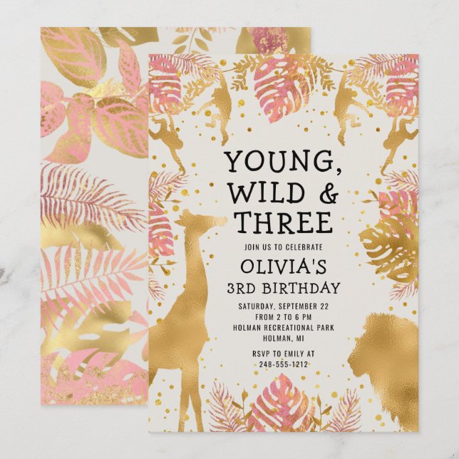 Invitación Cumpleaños 3º Niñas Rosa Oro Ecru Safari (Anverso / Reverso)