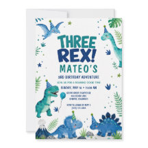 Cumpleaños 3º Tres Rex Dinosaurio Acuarela Azul