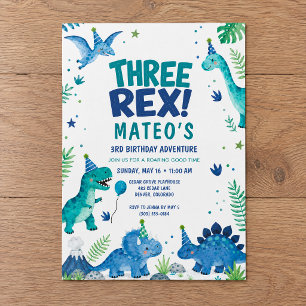 Invitación Cumpleaños 3º Tres Rex Dinosaurio Acuarela Azul
