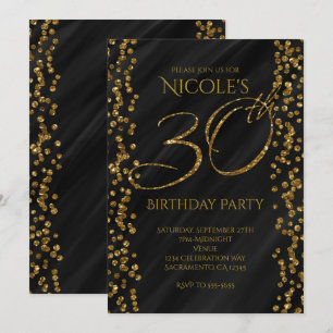 Invitación Cumpleaños 30 30 Negro y Dorado Falso Brillante Gl