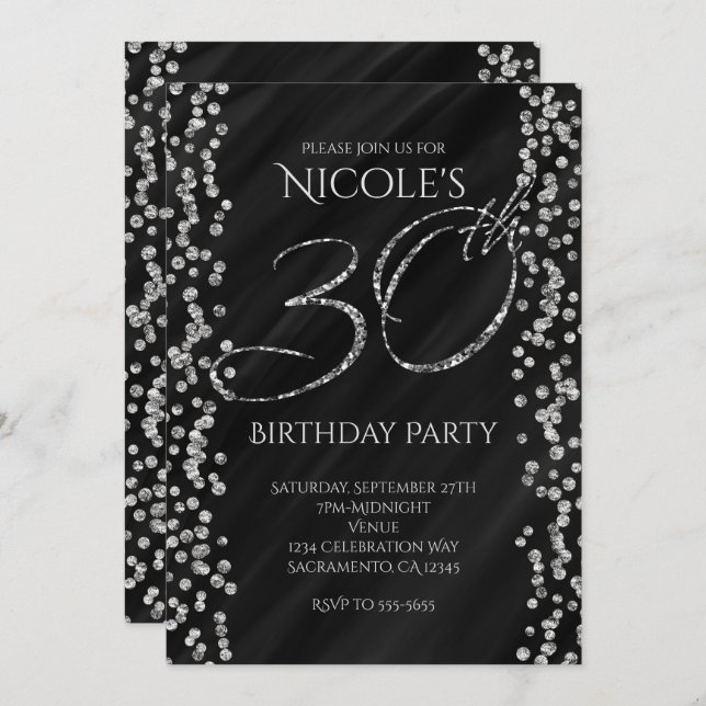 Invitación Cumpleaños 30 30 Negro y Glitter Plateado Falso Gl (Anverso / Reverso)