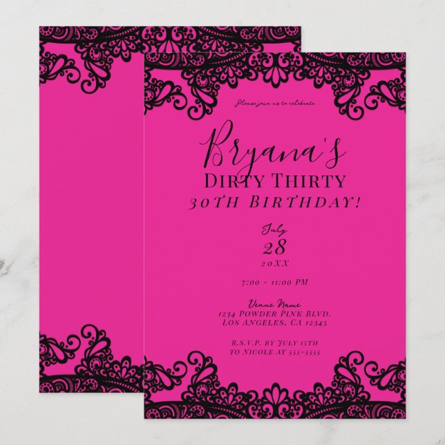 Invitación Cumpleaños 30 30th Brillante Rosa Caliente Negro E (Anverso / Reverso)