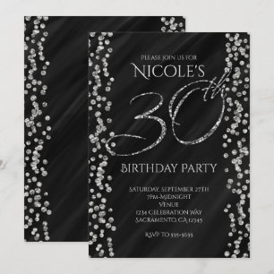 Invitación Cumpleaños 30 30th Negro y Glitter Glam Plateado F