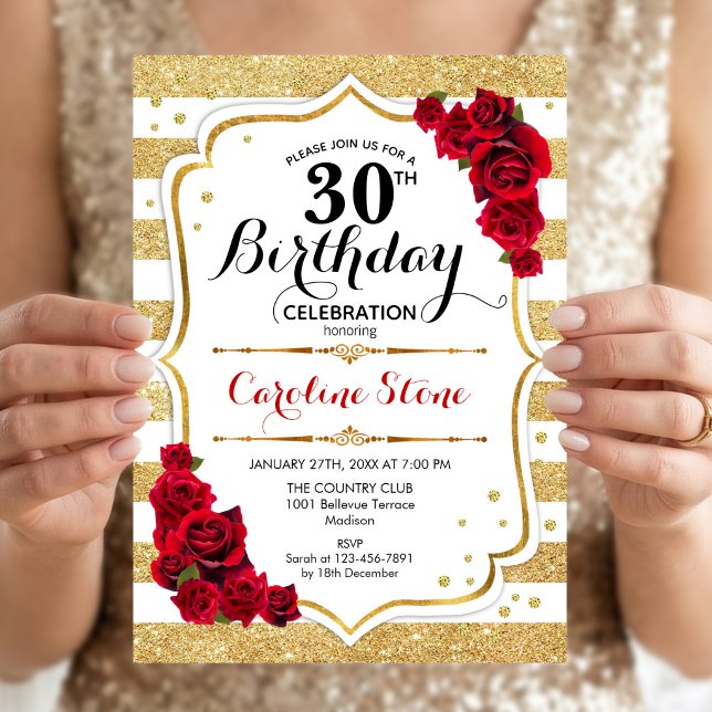 Invitación Cumpleaños 30 Años Rayas Blancas Dorada (Subido por el creador)