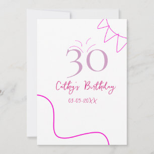 INVITACIÓN CUMPLEAÑOS 30 AÑOS ROSA PURPURA PASTEL DIBUJADO A