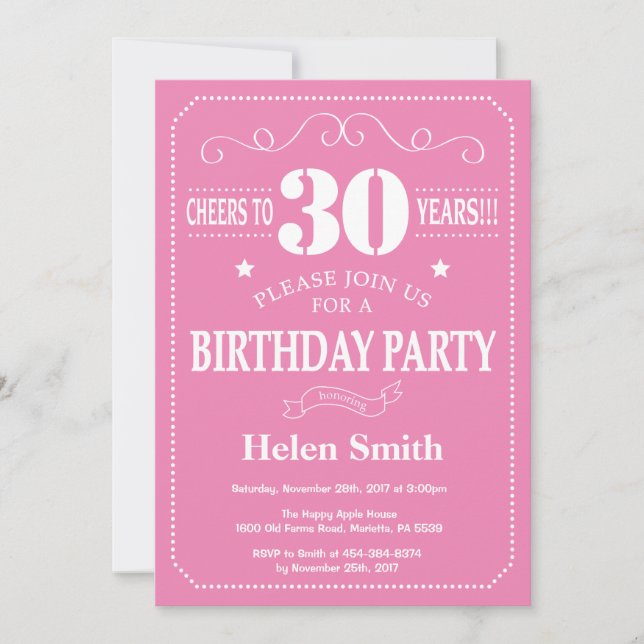 Invitación Cumpleaños 30 Años Rosa y Blanco (Anverso)