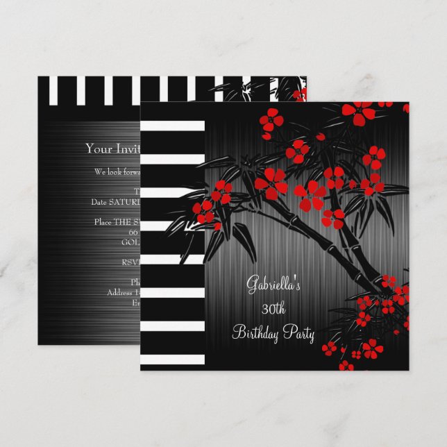 Invitación Cumpleaños 30 asiático rojo floral negro blanco ba (Anverso / Reverso)