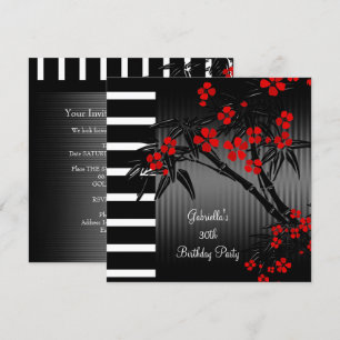 Invitación Cumpleaños 30 asiático rojo floral negro blanco ba