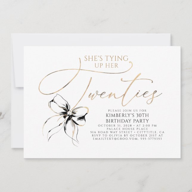 Invitación Cumpleaños 30 atando sus Veinte con Lazo Negro (Anverso)