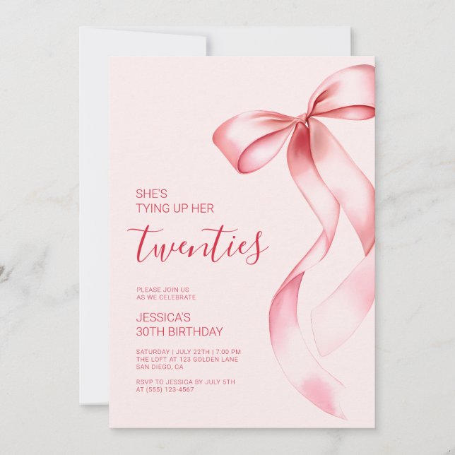 Invitación Cumpleaños 30 Atando Sus Veinte con Lazo Rosa (Anverso)