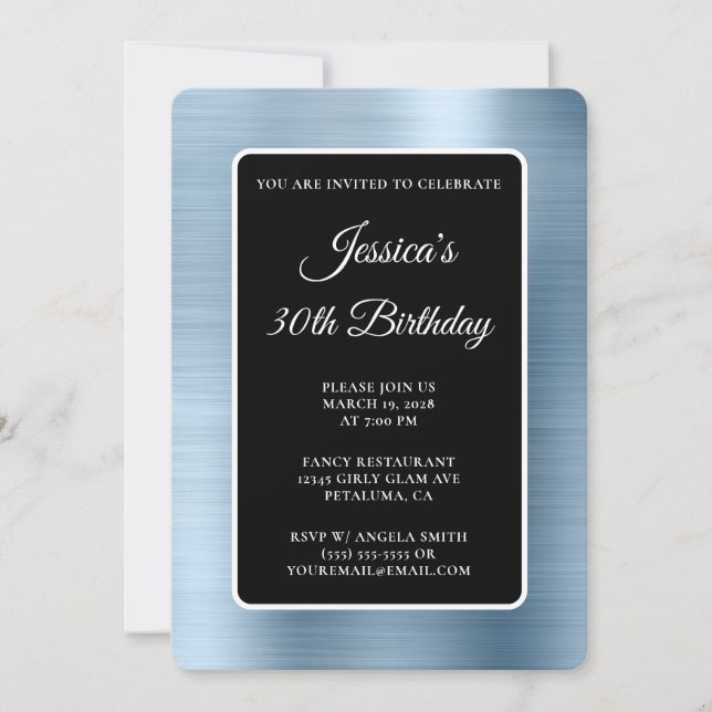 Invitación Cumpleaños 30 azul claro con papel de aluminio neg (Anverso)